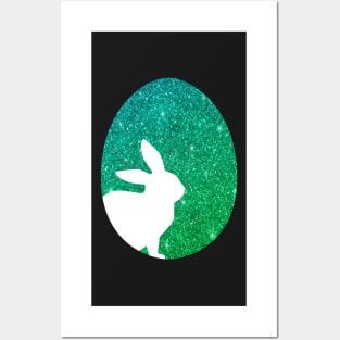 Easter Bunny Silhouette in Green Ombre Faux Glitter Easter Egg Posters and Art